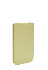 Light yellow leather phone case with a smooth texture, rounded corners, and a patch pocket on the back for additional storage.
