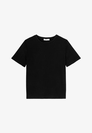 T-shirt en coton noir à manches courtes, col rond et texture lisse. Pas de motifs ni d'accents visibles. Conception décontractée.