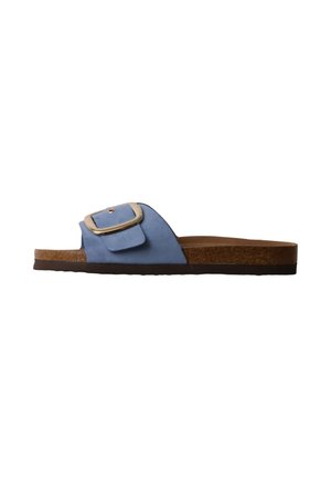 Blue slide sandal with a wide strap, large gold buckle, cork footbed, and flat black sole, shown from the side on a white background.