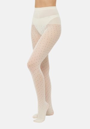 Genomskinliga krämfärgade strumpbyxor med hög midja, prydda med ett prickigt mönster i svart. Slät textur och åtsittande design.