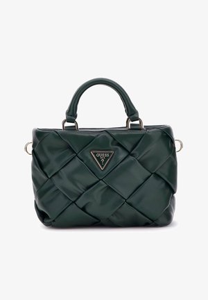 Groene, gewatteerde handtas van synthetisch leer met dubbele handvatten, accenten in goudkleur en een driehoekige logo-plaat op de voorkant.