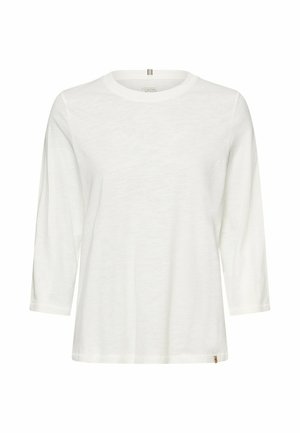Witte longsleeve met ronde hals, een ontspannen pasvorm en een subtiele stofstructuur, weergegeven op een witte achtergrond.