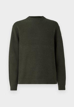 Mørkegrønn strikket genser med lange ermer, ribbestrikket rund hals, mansjetter og kant, vist på en enkel hvit bakgrunn.