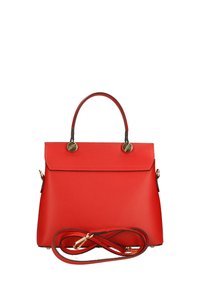 Borsa a tracolla in pelle rossa con forma strutturata, dotata di un manico superiore, tracolla removibile e due dettagli tondi in tonalità oro.