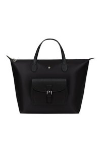 Borsa a tracolla nera con due manici, una tasca frontale con fibbia e chiusura con zip lungo i bordi superiori, posizionata su uno sfondo bianco.