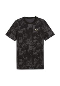 Crna kratka majica s kratkim rukavima s teksturiranim uzorkom i malim zlatnim Puma logom na prsima. Jednostavan, sportski dizajn.