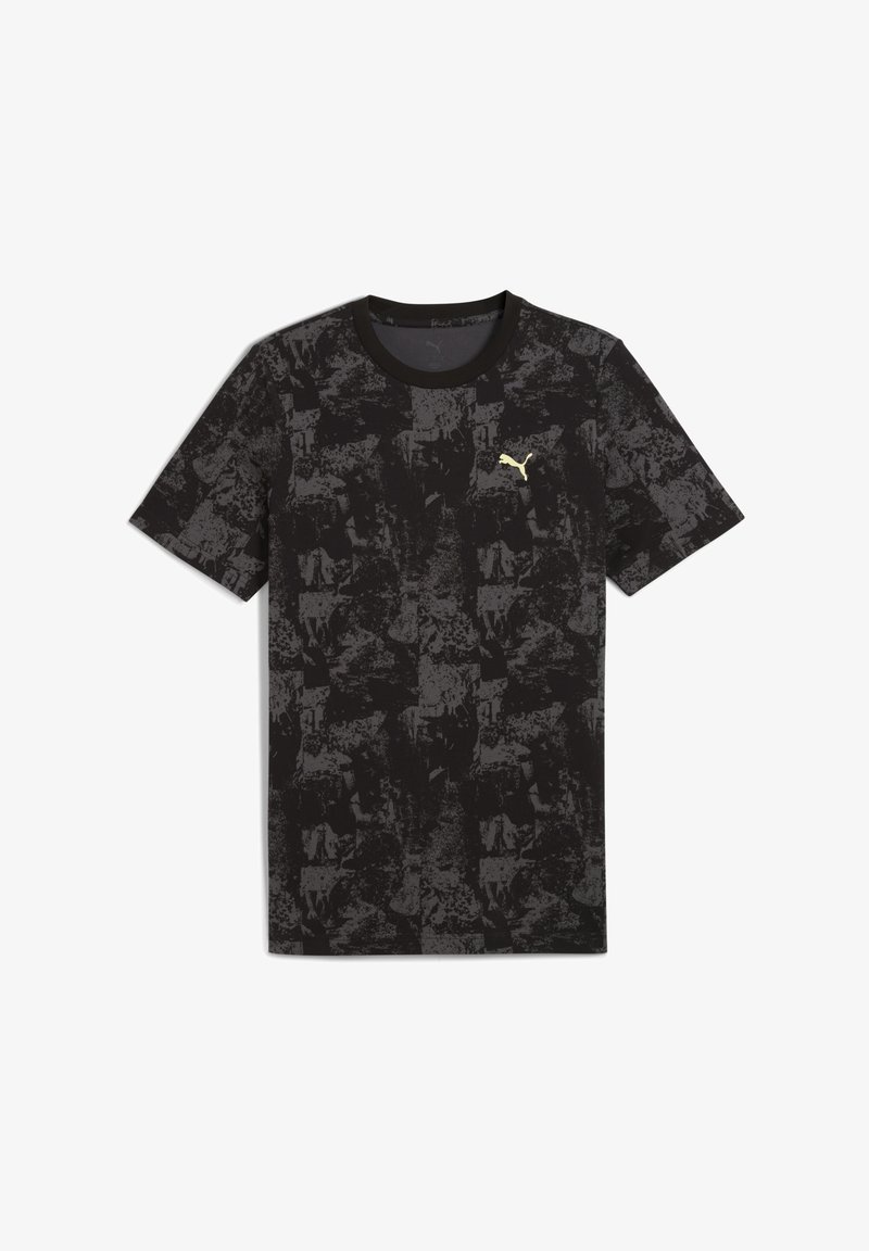 Črna majica s kratkimi rokavi, ki vsebuje teksturiran vzorec in majhen zlat logotip Puma na prsih. Preprost, športen dizajn.