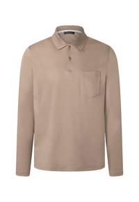 Beige Langarm-Polohemd aus Baumwolle mit klassischem Kragen, zwei Knöpfen und einer Brusttasche auf der linken Seite. Weicher Stoff, schlichtes Design.