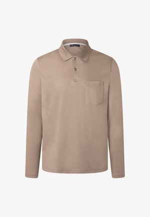 Beige long-sleeve polo shirt made of cotton, featuring a classic collar, two-button placket, and a left chest pocket. Soft texture, simple design.