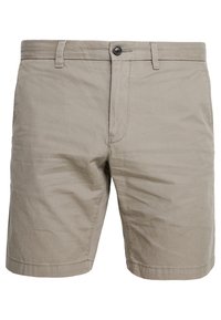 Beige Baumwoll-Herren-Shorts mit Gürtelschlaufen, Frontknopf und Reißverschluss, schlichtes Design, knielang.