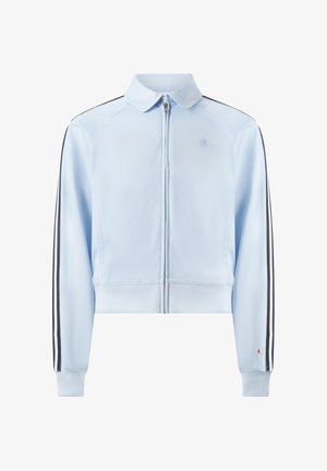 Hellblaues Trainingsjacke mit Reißverschluss, schwarzen Seitenstreifen, gerippten Bündchen und Saum sowie kleinen Champion-Logos auf Brust und Ärmel.