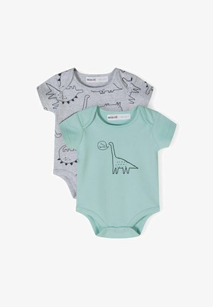 Két újszülött body: az egyik szürke fekete dinoszaurusz mintázattal, a másik menta zöld, amelyen egy dinoszaurusz grafika található az "Én hangos vagyok!" felirattal.