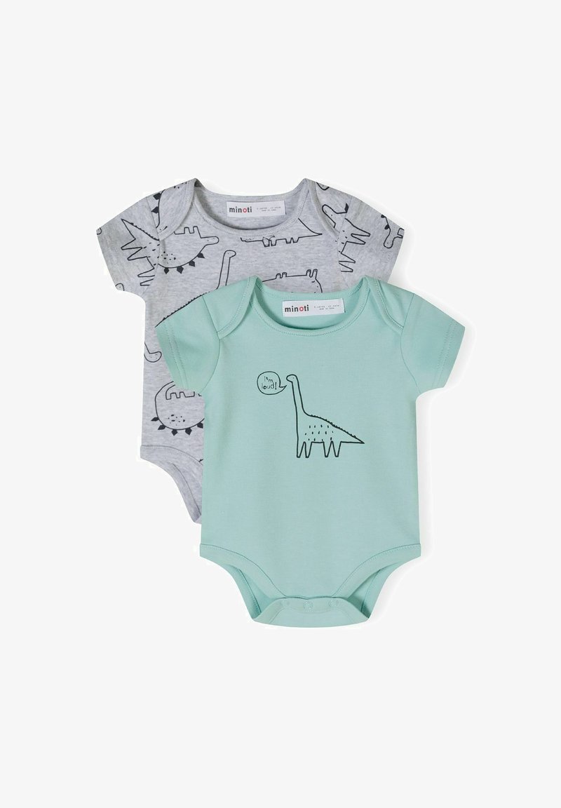 Dva otroška bodi: en siv z črnimi vzorci dinozavrov in en meteorizirajučo z dinozavrsko grafiko z besedilom "Sem glasen!"