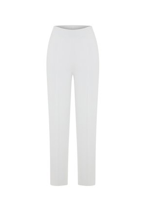 Pantaloni bianchi aderenti con una vita elastica e liscia, design a gamba dritta e due cuciture verticali sul davanti. Senza tasche né decorazioni.