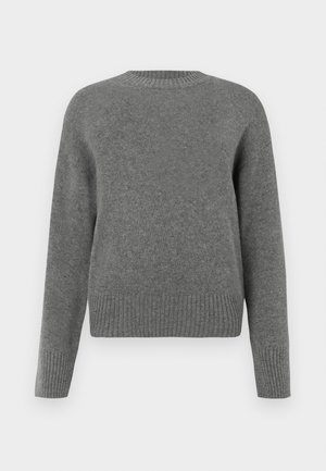 Gray wool sweater with a crew neckline, dropped shoulders, ribbed cuffs, and hem. Smooth texture with a relaxed fit.