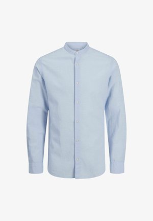 Világoskék, hosszú ujjú ing mandarin gallérral, gombos záródással és finom textúrával. Pamut anyag, laza szabású.