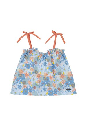 Top floral azul con tirantes ajustables de lazo naranja, escote fruncido y patrones de flores coloridas en rosa, amarillo y verde.