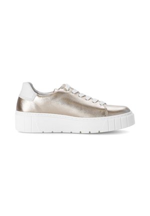 Low-top sneaker with metallic gold leather upper, white padded heel collar, white laces, and thick textured white rubber sole.