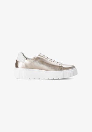 Low-top sneaker with metallic gold leather upper, white padded heel collar, white laces, and thick textured white rubber sole.