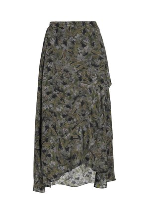 Green, black, and gray floral patterned knee-length skirt with asymmetrical hem and a side draped detail.