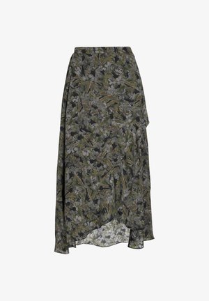 Groene, zwarte en grijze bloemenpatroon knie-lange rok met asymmetrische zoom en een zij-drapeergeDetail.