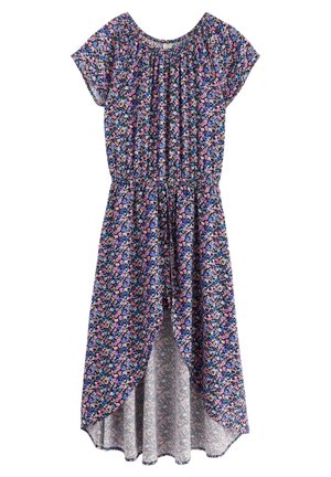 Midi-kjole med blomstret mønster, korte ærmer, elastisk talje og tulipanformet, asymmetrisk nederdel i nuancer af blå, pink og sort.