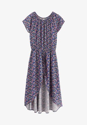 Vestido midi con estampado floral, mangas cortas, cintura elástica y dobladillo tipo tulipán asimétrico en tonos azules, rosas y negros.