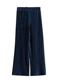 Mørkeblå, plisserede bukser med bred benvidde og elastisk talje, lavet af blødt veloursmateriale, der har vertikal struktur og en flydende design.