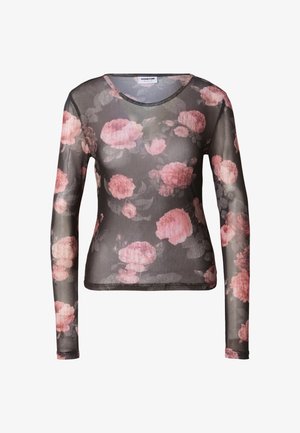 Dugi rukav top izrađen od prozirnog crnog tkanja s ružičastim cvjetnim uzorcima, izrezanim okruglim izrezom i pripijenim krojem.