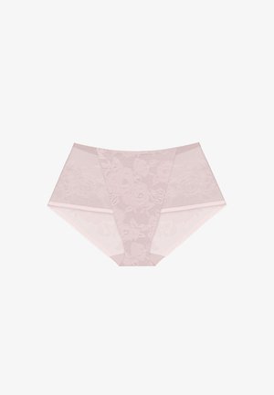 Krajkové kalhotky v jemné růžové barvě s květinovými vzory, průhlednou látkou a hladkým pasem s ozdobnými detaily podél okrajů.