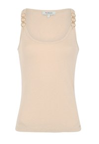 Beige tank top with a scoop neckline, fitted design, and two circular ring accents on the straps. Made of soft, stretchy material.