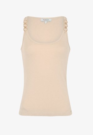 Top in cotone beige con scollatura rotonda, design aderente e due anelli circolari sui cinturini. Realizzato in materiale morbido e elasticizzato.