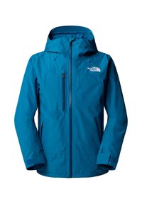 Giacca a vento impermeabile blu con cappuccio, zip frontale, tasca sul petto e polsini regolabili, impreziosita dal logo The North Face.