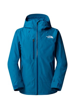 Niebieska wodoodporna kurtka z kapturem, z przednim zamkiem, kieszenią na piersi oraz regulowanymi mankietami, oznakowana logo The North Face.