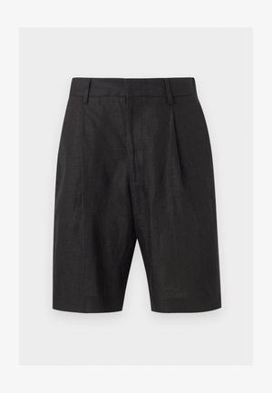 Schwarze maßgeschneiderte Leinen-Shorts mit Gürtelschlaufen, Vorderfalten und Seitentaschen auf hellgrauem Hintergrund.