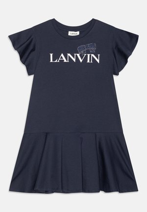 Mørkeblå bomulls kjole med rynkede korte ermer, utsvingt hem og "LANVIN"-logo pyntet med rhinestones foran.