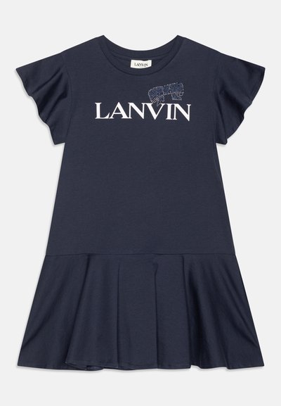 Vestido de algodón azul marino con mangas cortas con volantes, dobladillo acampanado y logotipo "LANVIN" adornado con strass en la parte frontal.