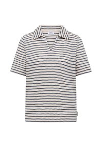 Chemise en maille beige à manches courtes avec des rayures horizontales bleu marine et un col, présentant une étiquette de marque "CEcil" à l'intérieur de l'encolure.