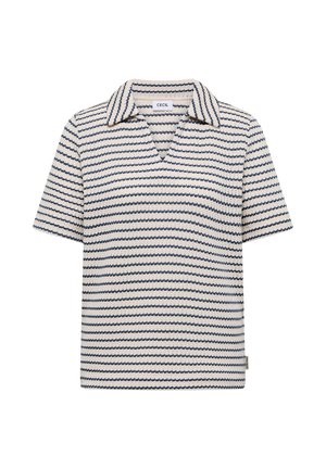 Beżowa koszulka z krótkim rękawem, wykonana z dzianiny, z granatowymi poziomymi paskami i kołnierzykiem, z metką marki "CEcil" wewnątrz dekoltu.