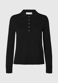 Polo shirt nero a maniche lunghe realizzato in tessuto morbido, con colletto e sei bottoni. I bordi sono rifiniti con cura.