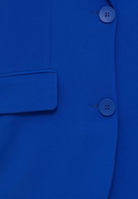 Blazer bleu présentant une texture lisse, deux boutons arrondis et un détail de poche sur le côté gauche. Lignes épurées et coupe ajustée.