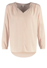 Blouse à manches longues rose clair avec un col en V, des détails froncés aux épaules et un ourlet légèrement arrondi. Fabriquée en tissu lisse.