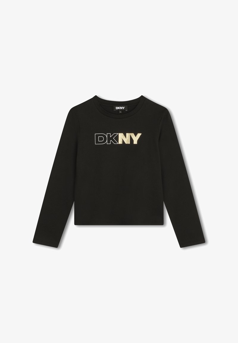 Top negro de manga larga hecho de algodón, con un diseño recortado y un logo en la parte delantera bordado en blanco y dorado. Cuello redondo.