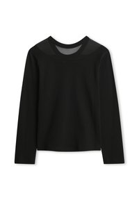 Zwarte lange mouwen top met een ronde hals en doorschijnende netpanelen op de schouders en de halslijn.