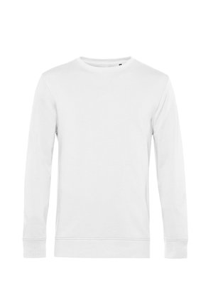 Sweat-shirt blanc à manches longues en coton doux. Présente un col rond, des poignets et un ourlet côtelés, et une texture lisse sans motifs visibles.