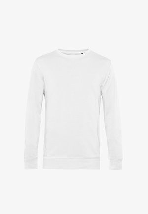 Sweat-shirt blanc à manches longues en coton doux. Présente un col rond, des poignets et un ourlet côtelés, et une texture lisse sans motifs visibles.