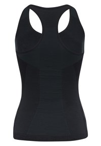 Zwarte sportieve tanktop met racerback ontwerp, gestructureerde stof en aansluitende pasvorm met naadloze constructie. Geen zichtbare logo's of accenten.