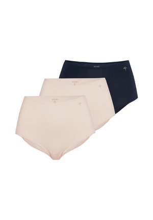 Trois sous-vêtements taille haute sans couture en nude et bleu foncé, chacun avec un petit logo et un détail de fleur sur le côté droit devant.