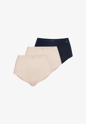 Tre high-waist sømløse trusser i nude og mørkeblå, hver med lille logo og blomst detalje på frontens højre side.