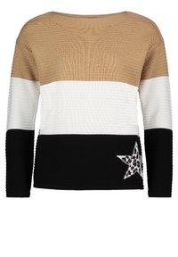 Sweter dzianinowy z poziomymi paskami w kolorach beżowym, białym i czarnym. Charakteryzuje się teksturowanym wzorem oraz akcentem w postaci gwiazdy w leopardzim wzorze na dolnym brzegu.